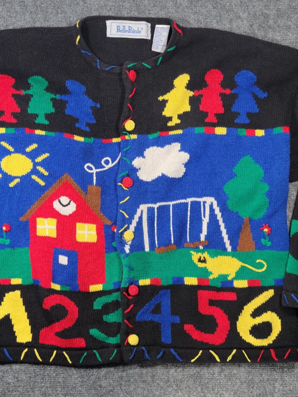 Vtg BellePointe School Themed Teacher Novelty Black Knit Cardigan Sweater